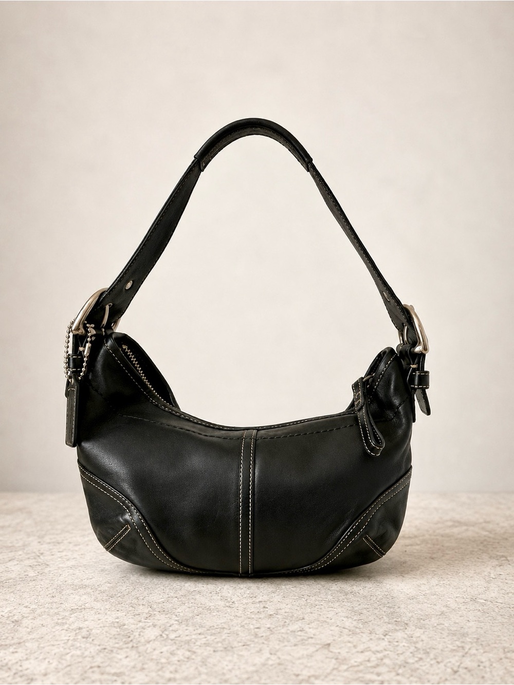 Coach Black Leather Curved Hobo Bag with Silver Hardware